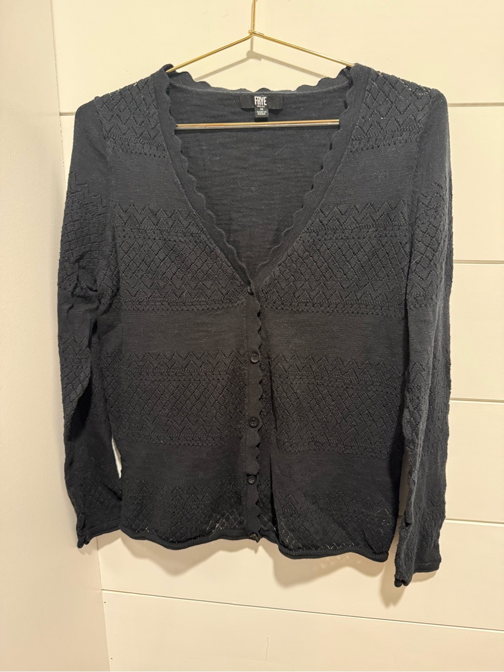 Frye Black Scalloped V-Neck Knit Cardigan